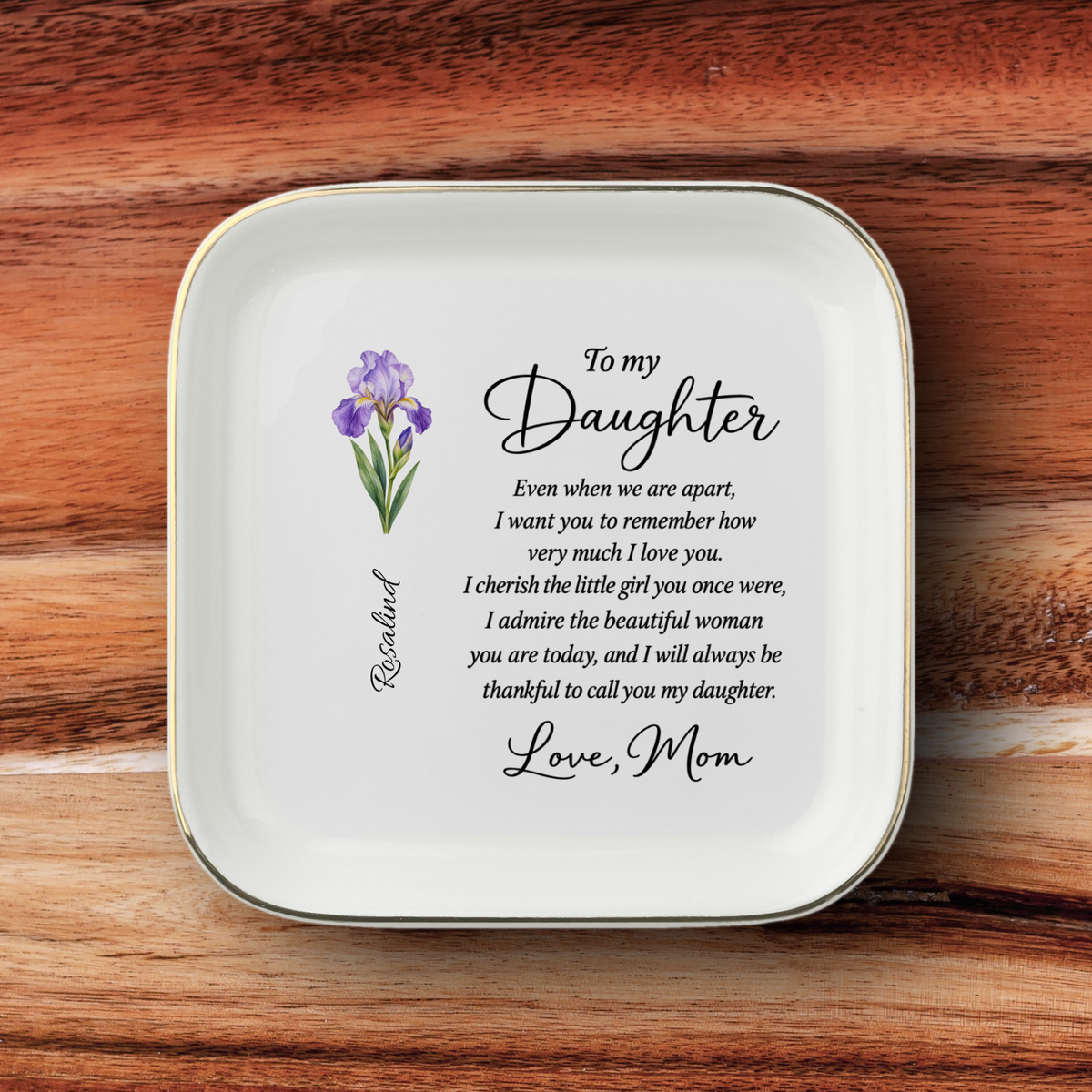 Personalized Birth Flower Jewelry Dish – Custom Name Gift from Mom