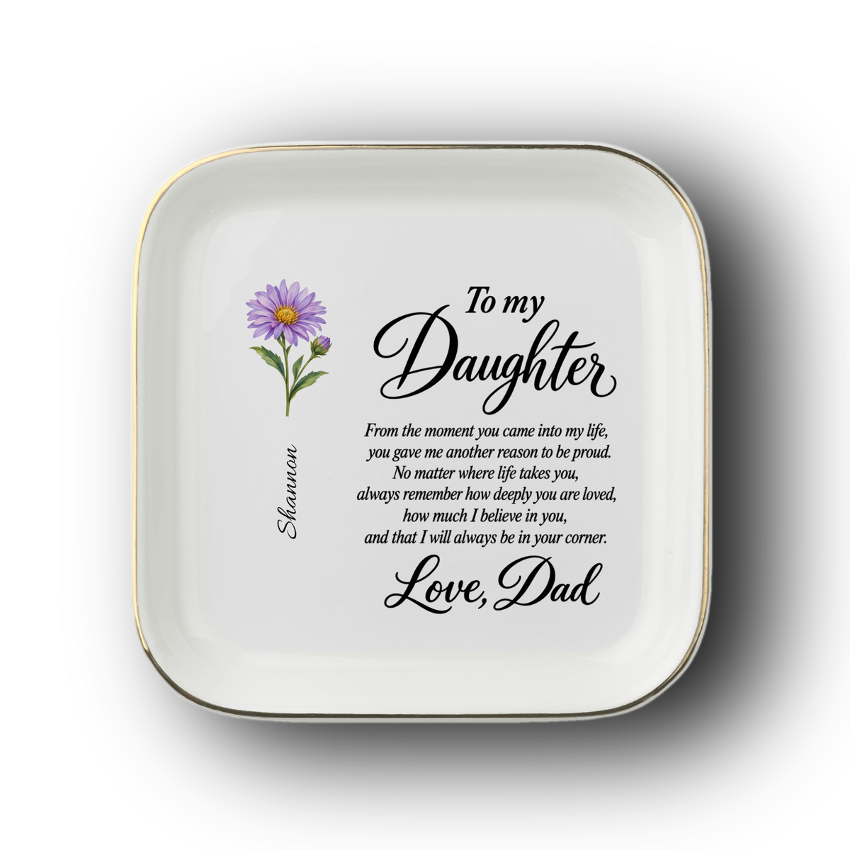 Personalized Birth Flower Jewelry Dish – Custom Name Gift from Dad