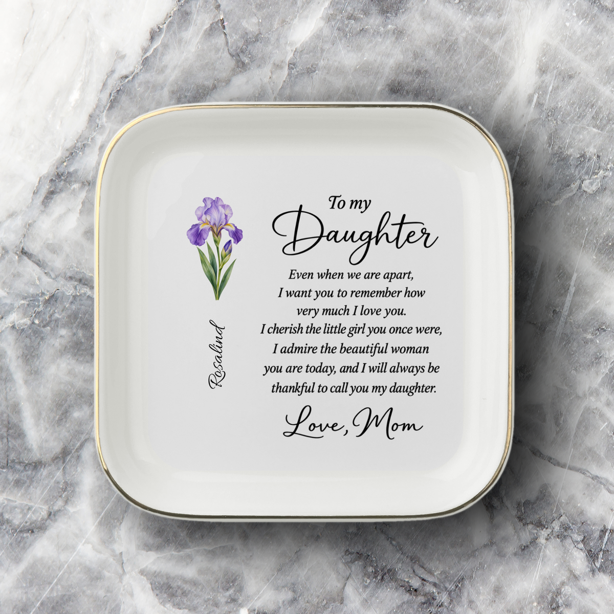 Personalized Birth Flower Jewelry Dish – Custom Name Gift from Mom