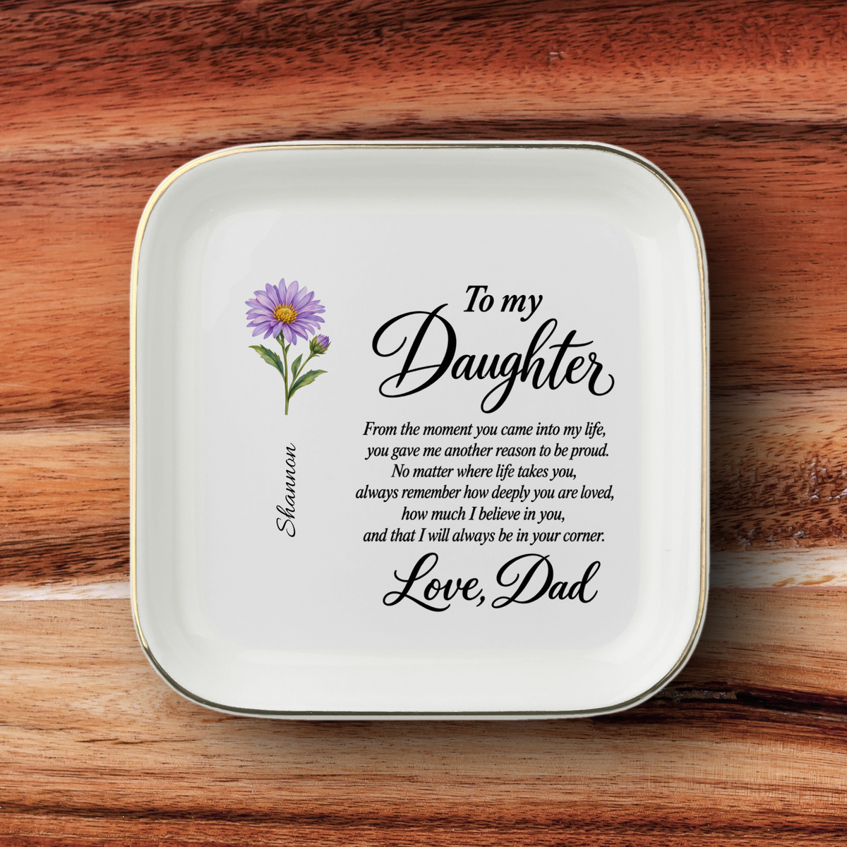 Personalized Birth Flower Jewelry Dish – Custom Name Gift from Dad