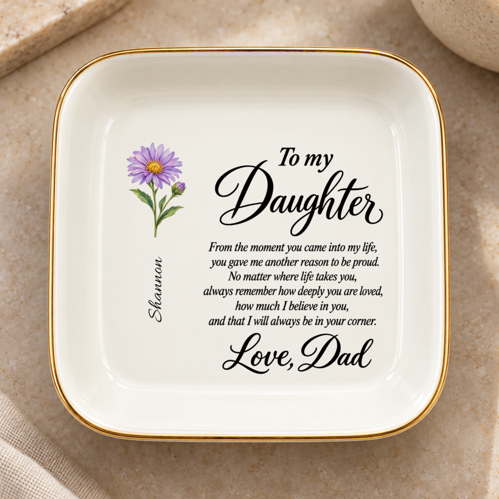 Personalized Birth Flower Jewelry Dish – Custom Name Gift from Dad