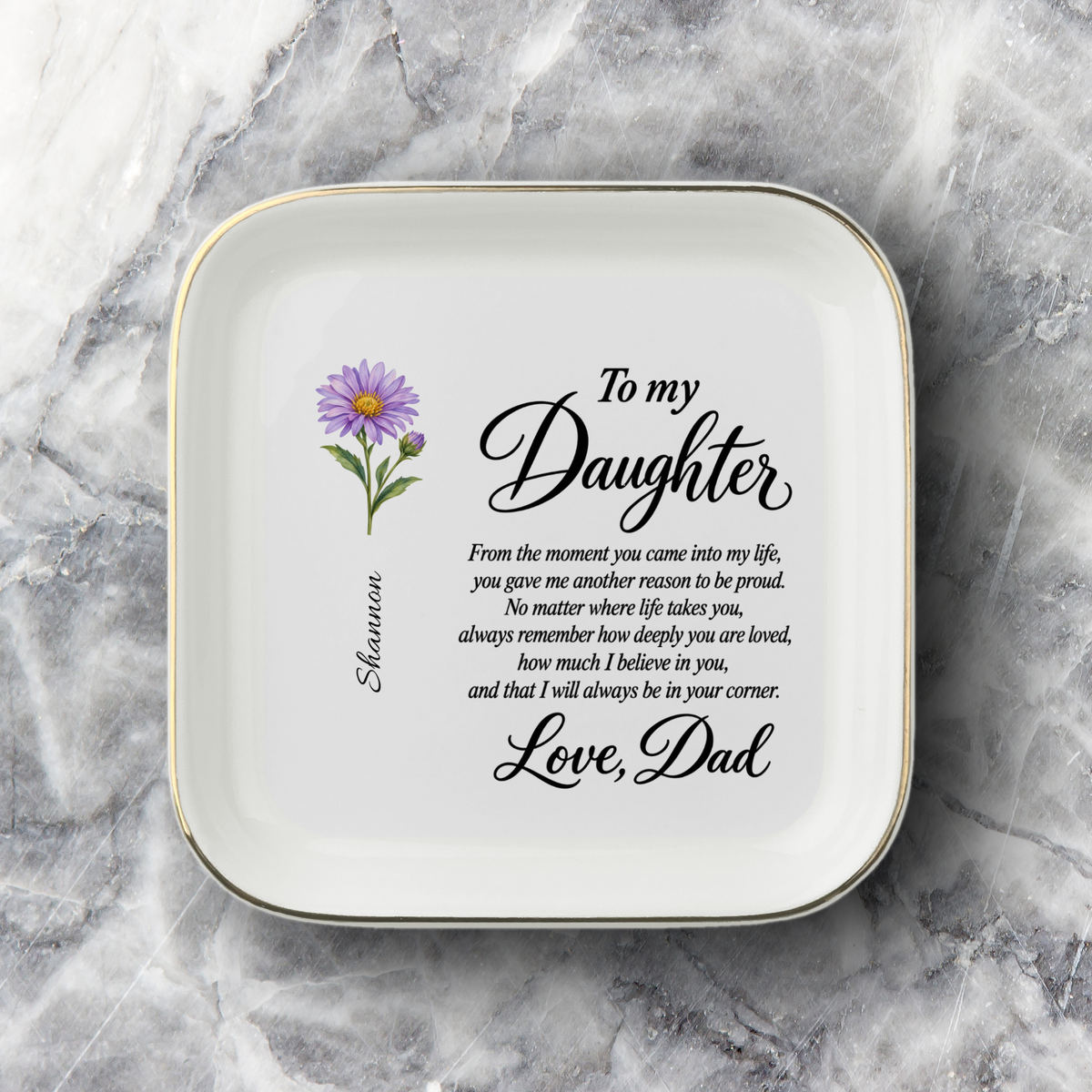 Personalized Birth Flower Jewelry Dish – Custom Name Gift from Dad