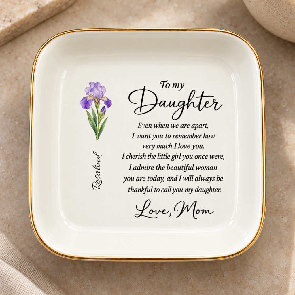 Personalized Birth Flower Jewelry Dish – Custom Name Gift from Mom
